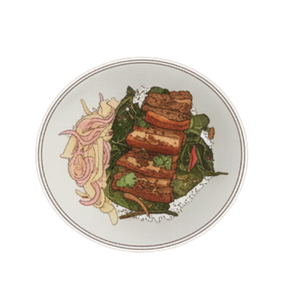 Bagnet Guling - crispy local Ilocos bagnet chunks served over pickled bamboo shoots (labong), garlic kangkung, and warm rice.