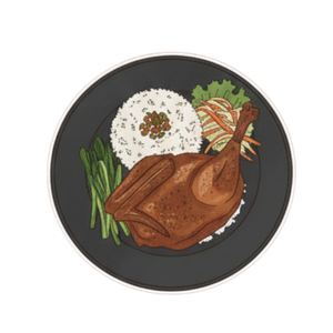 Bebek 'Gureng - rich crispy deep-fried duck paired with fresh garlic kangkung, sharp green papaya salad, authentic sambal, and sweet soy sauce.