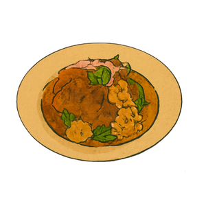 Beef Rendang - slow-cooked tender beef chunks stewed inside an aromatic coconut milk rendang curry sauce, mixed with soft potato rounds and pickled bamboo shoots.
