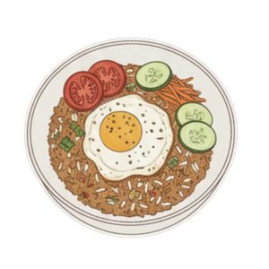 Nasi Gu-reng - our core authentic Indonesian fried rice staple served with garlic kangkung, papaya salad, and house sambal.