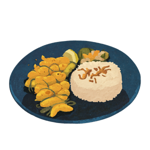 Putras Ayam Meal - crispy salted egg coat chicken strips accompanied by vegetable fries, warm rice, and pickles on the side.